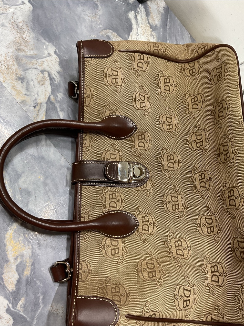 Dooney & Bourke Tan Canvas Logo Satchel with Brown Leather Trim - Picture 2 of 16